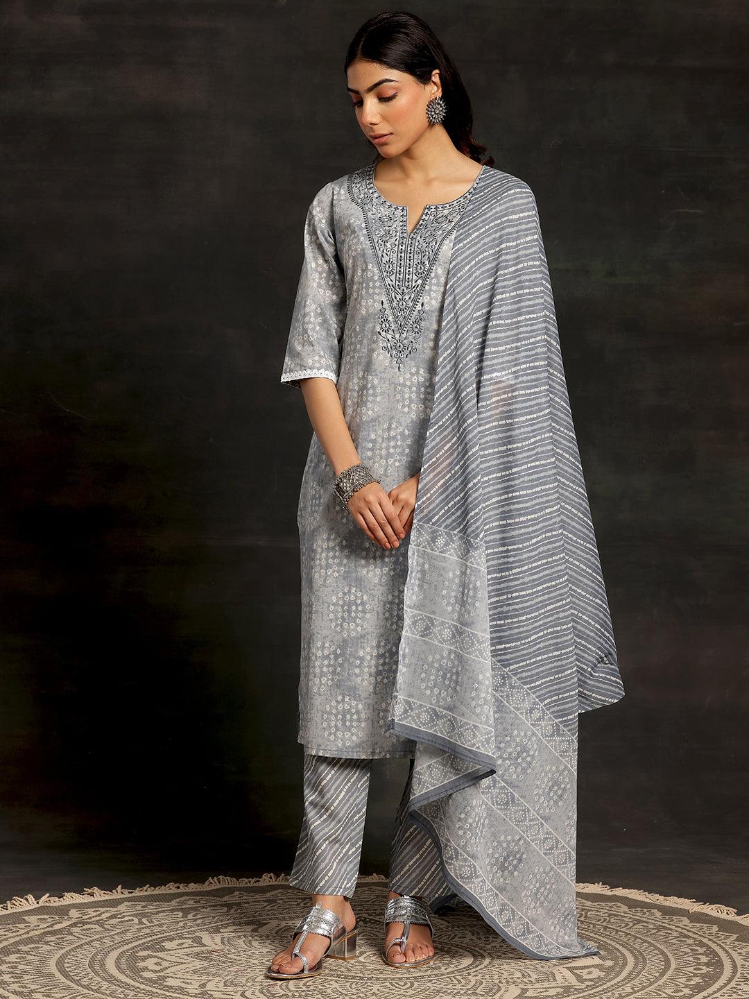 Grey Printed Cotton Straight Suit With Dupatta - Libas