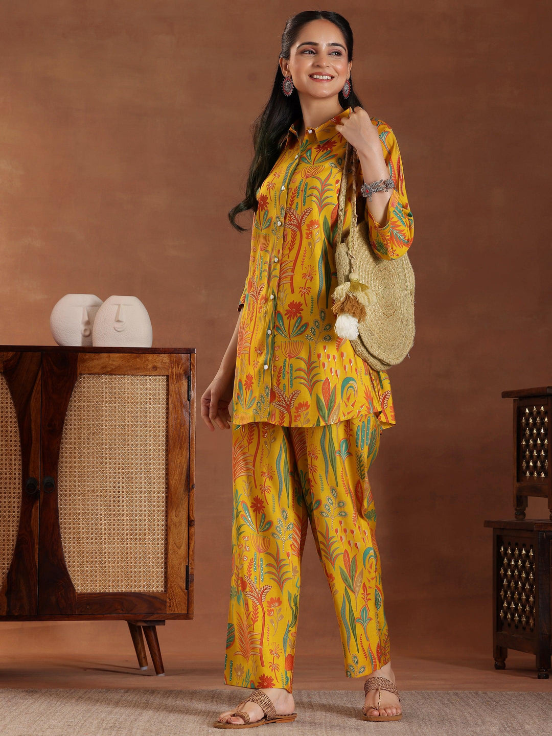 Yellow Printed Silk Blend Co-Ords - Libas