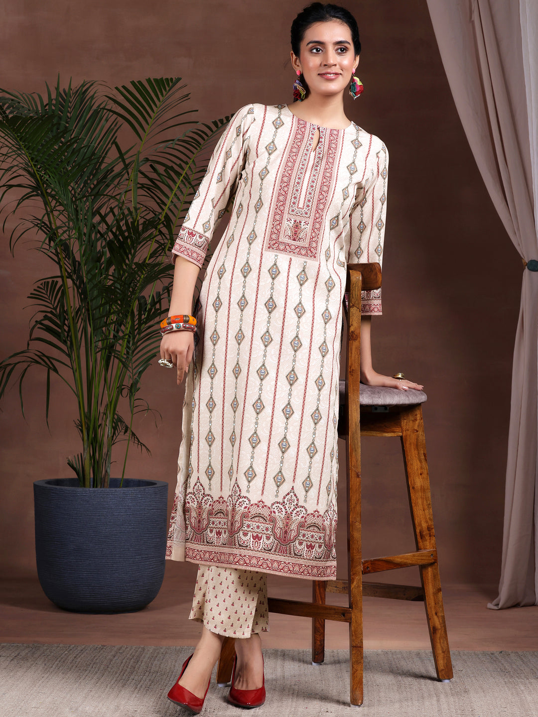  Beige Printed Poly Crepe Straight Kurta Set 