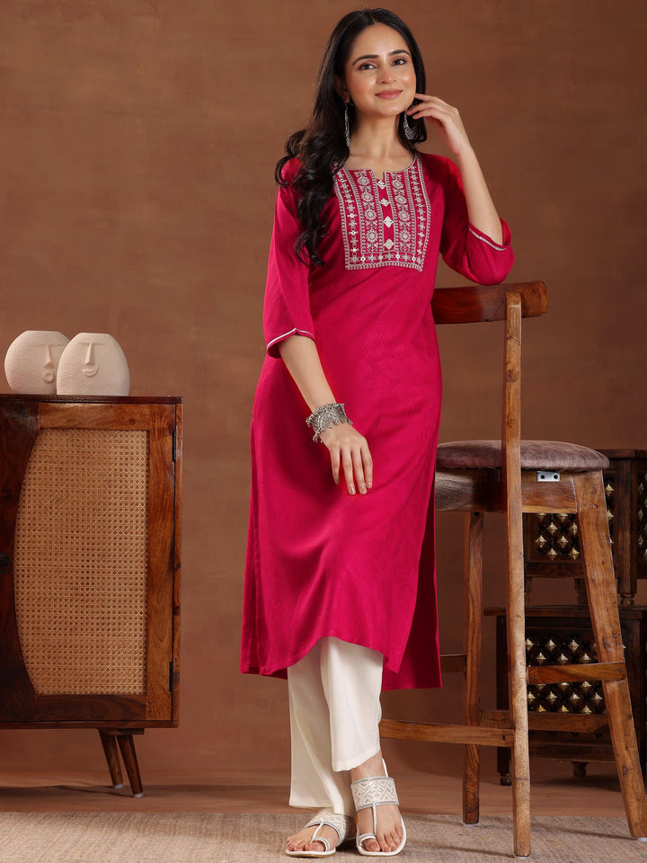 Pink Printed Rayon Straight Kurta - Libas