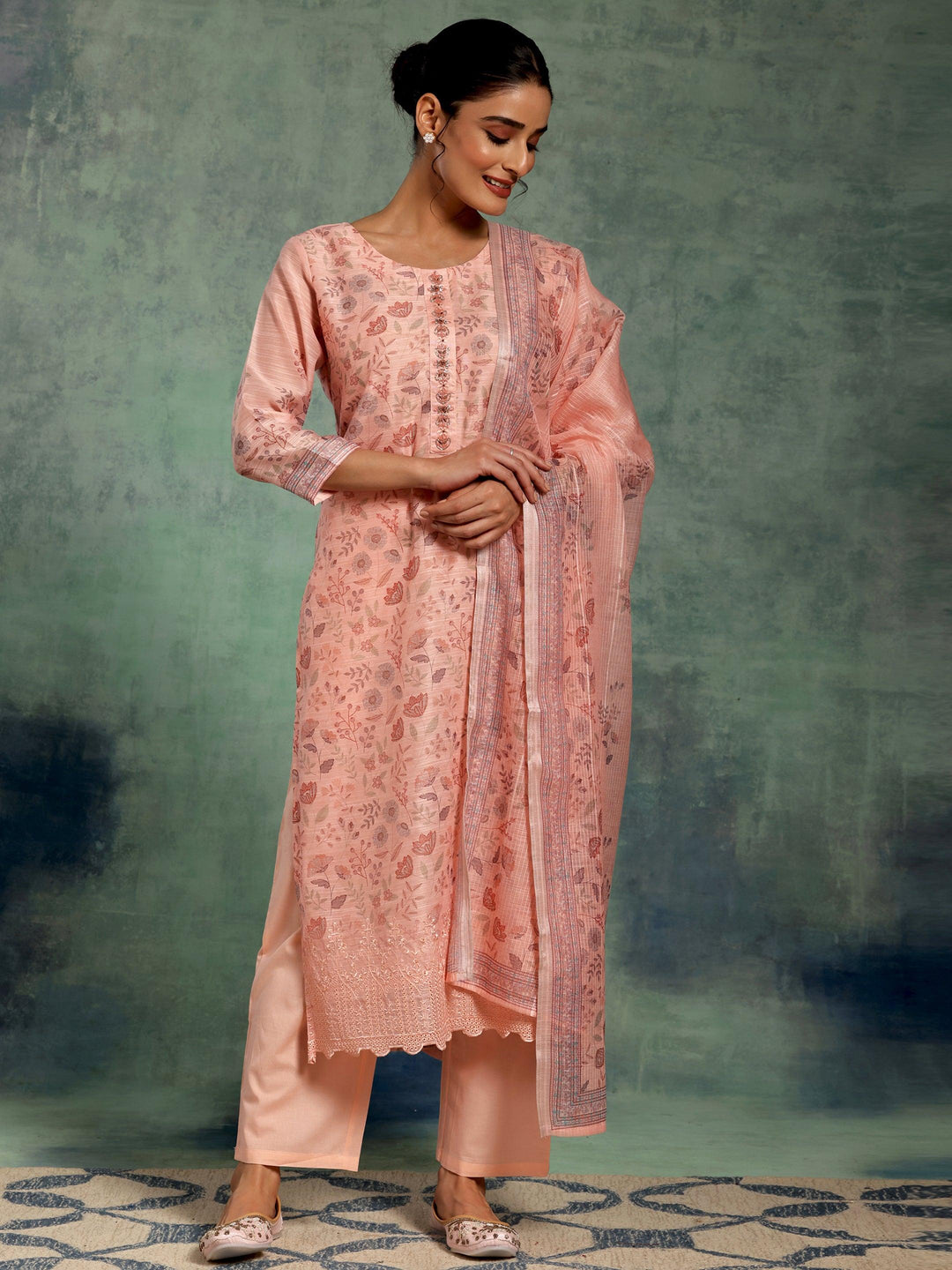 Peach Printed Chanderi Silk Straight Suit With Dupatta - Libas