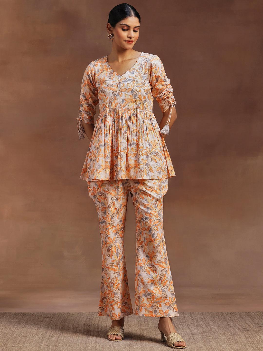 Orange Printed Cotton Blend Co-Ords - Libas