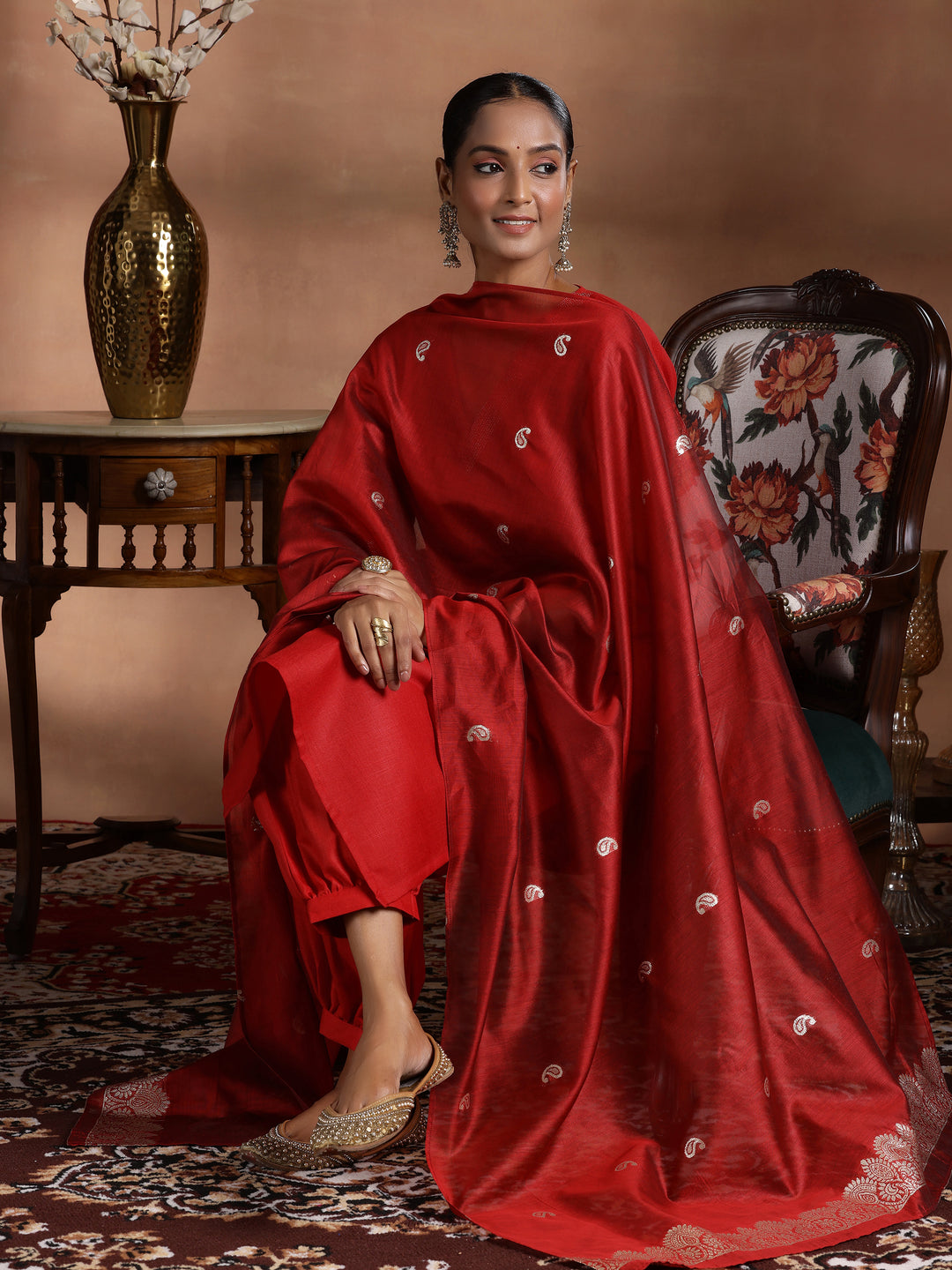 Red Solid Silk Blend Straight Suit With Dupatta