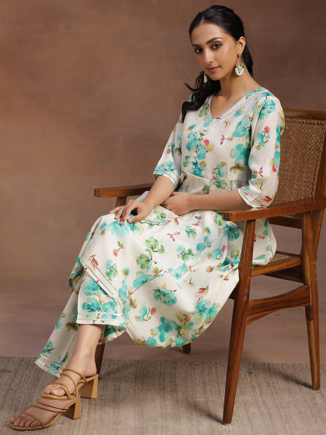 Off white Printed Silk Blend Anarkali Kurta With Trousers - Libas 