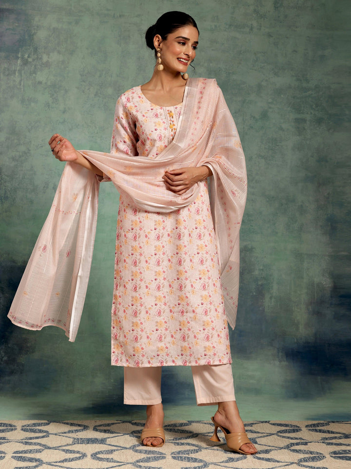 Peach Printed Cotton Straight Suit With Dupatta - Libas