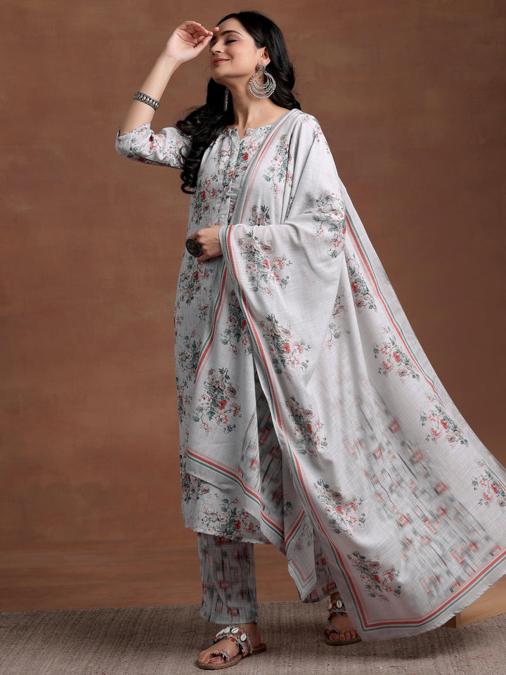 Grey Printed Cotton Straight Suit With Dupatta - Libas