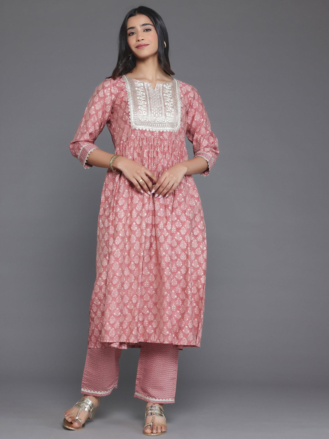 Mauve Printed Silk Blend A-Line Kurta With Palazzos - Libas 