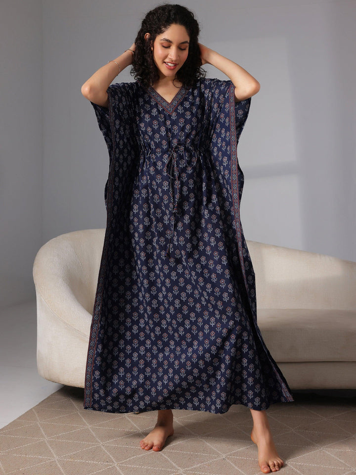 Navy Blue Printed Cotton Kaftan Night Dress - Libas