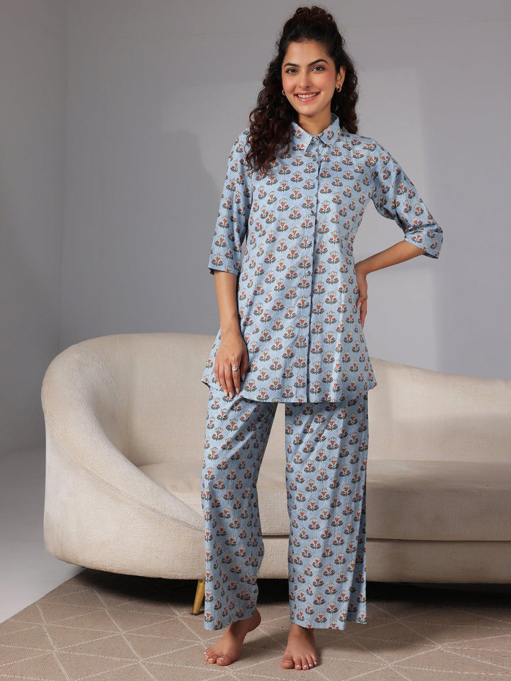 Blue Printed Cotton Night Suits - Libas