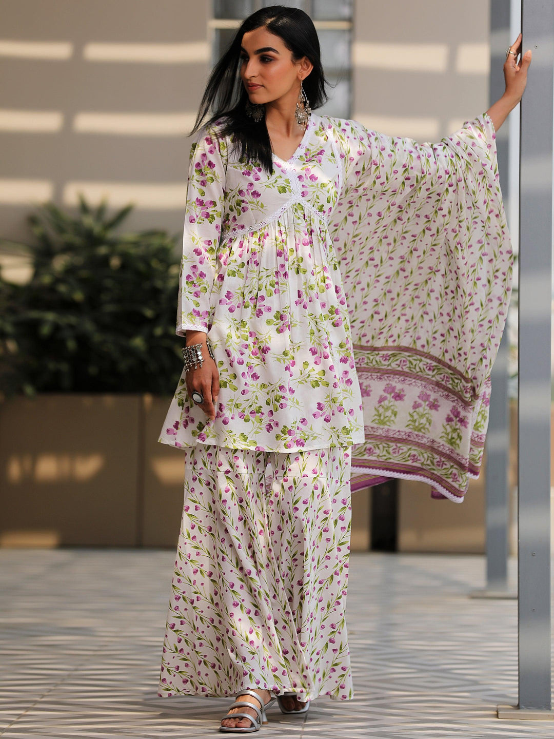 Off White Printed Cotton A-Line Kurta With Sharara & Dupatta - Libas