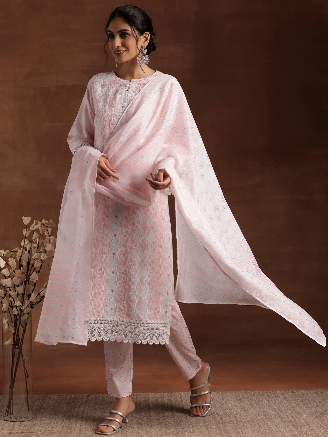 Peach Embroidered Cotton Blend Straight Suit With Dupatta - Libas 