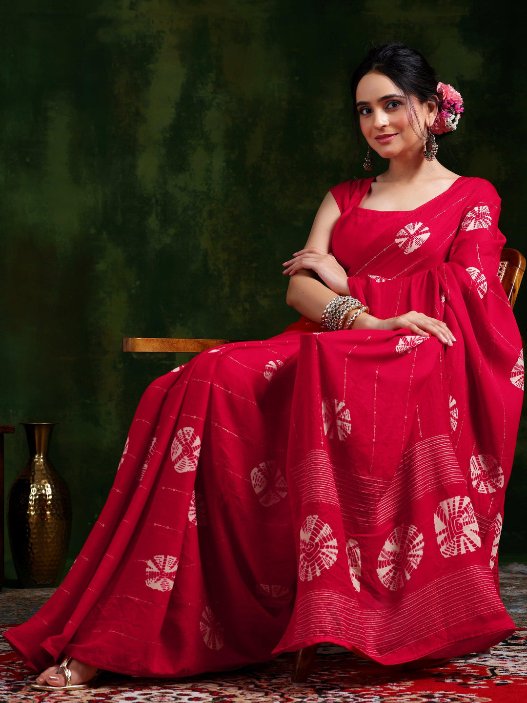 Red Printed Poly Chiffon Saree With Unstitched Blouse Piece - Libas