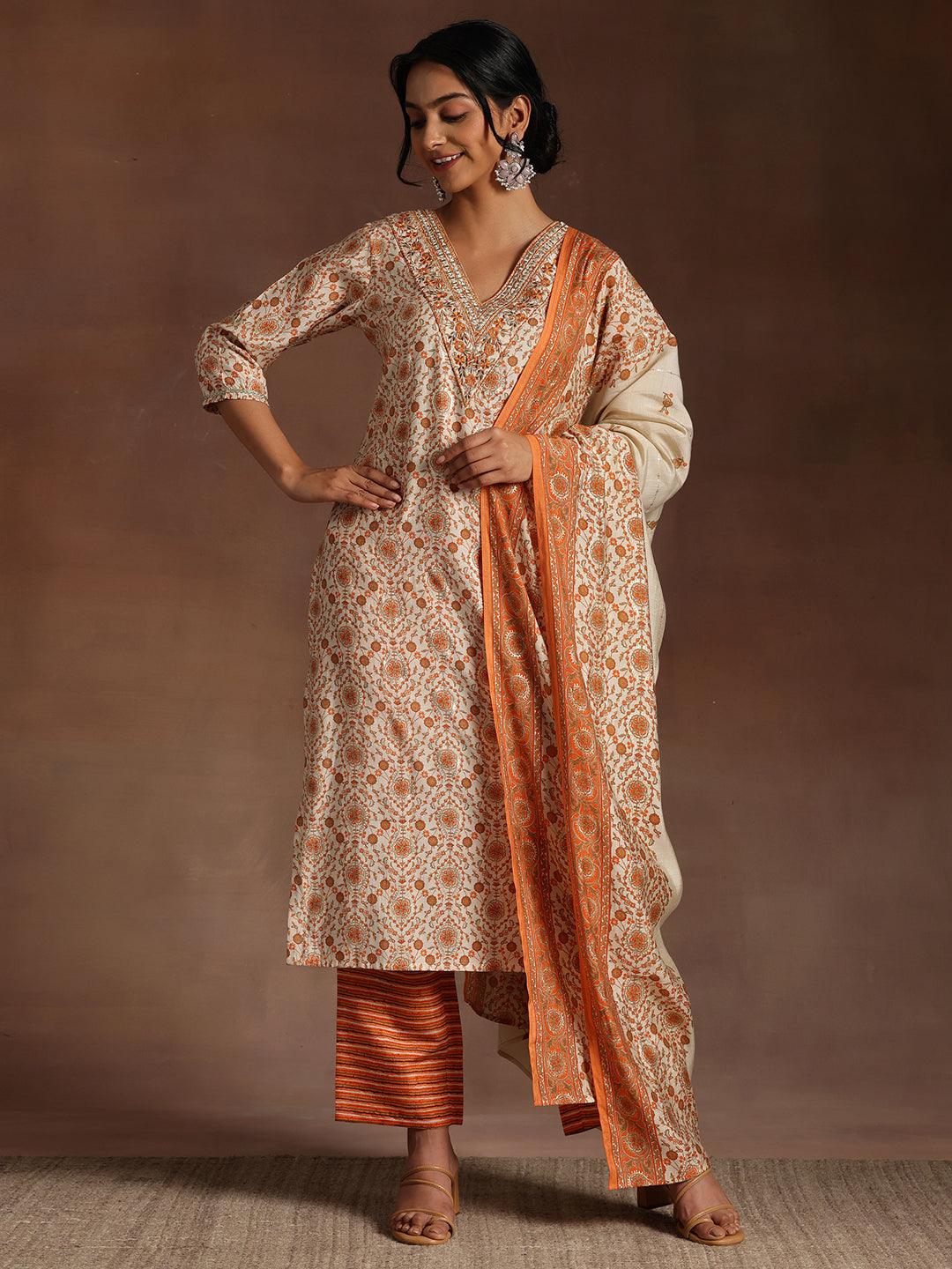 Orange Printed Silk Blend Straight Suit With Dupatta - Libas 