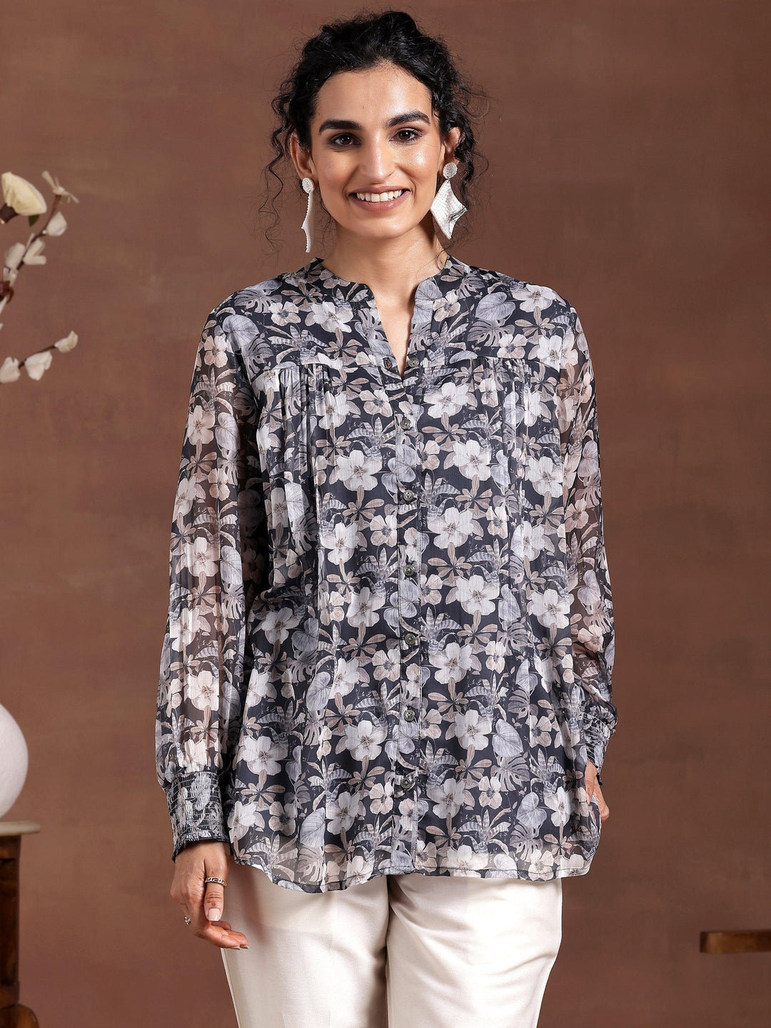 Grey Printed Chiffon A-Line Kurti - Libas 