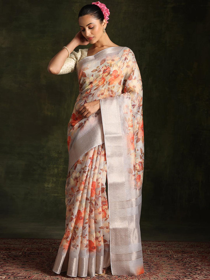 Grey Printed Silk Blend Saree With Unstitched Blouse Piece - Libas