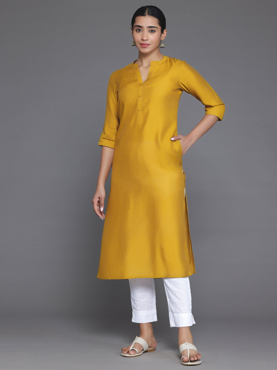 Mustard Woven Design Silk Straight Kurta - Libas 