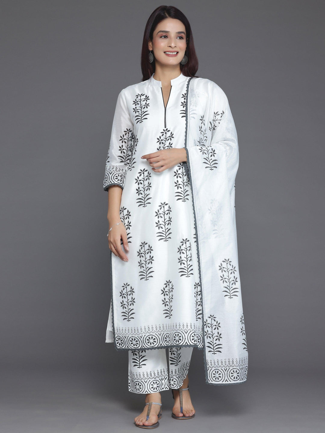 White Printed Chanderi Silk Straight Suit With Dupatta - Libas