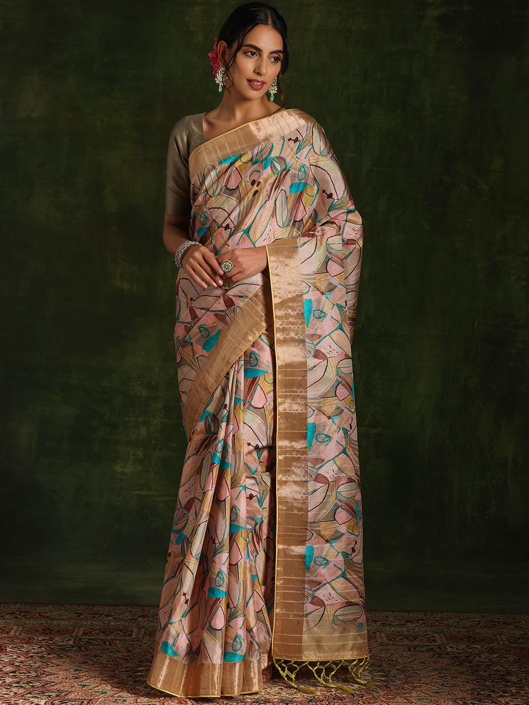 Green Printed Silk Blend Saree With Unstitched Blouse Piece - Libas