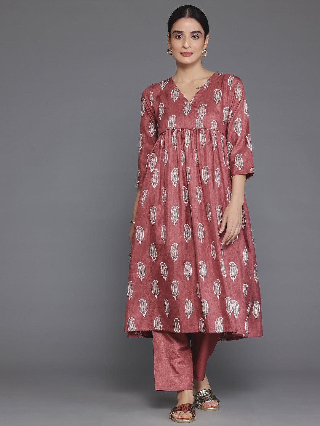 Mauve Printed Silk Blend A-Line Kurta With Trousers - Libas 