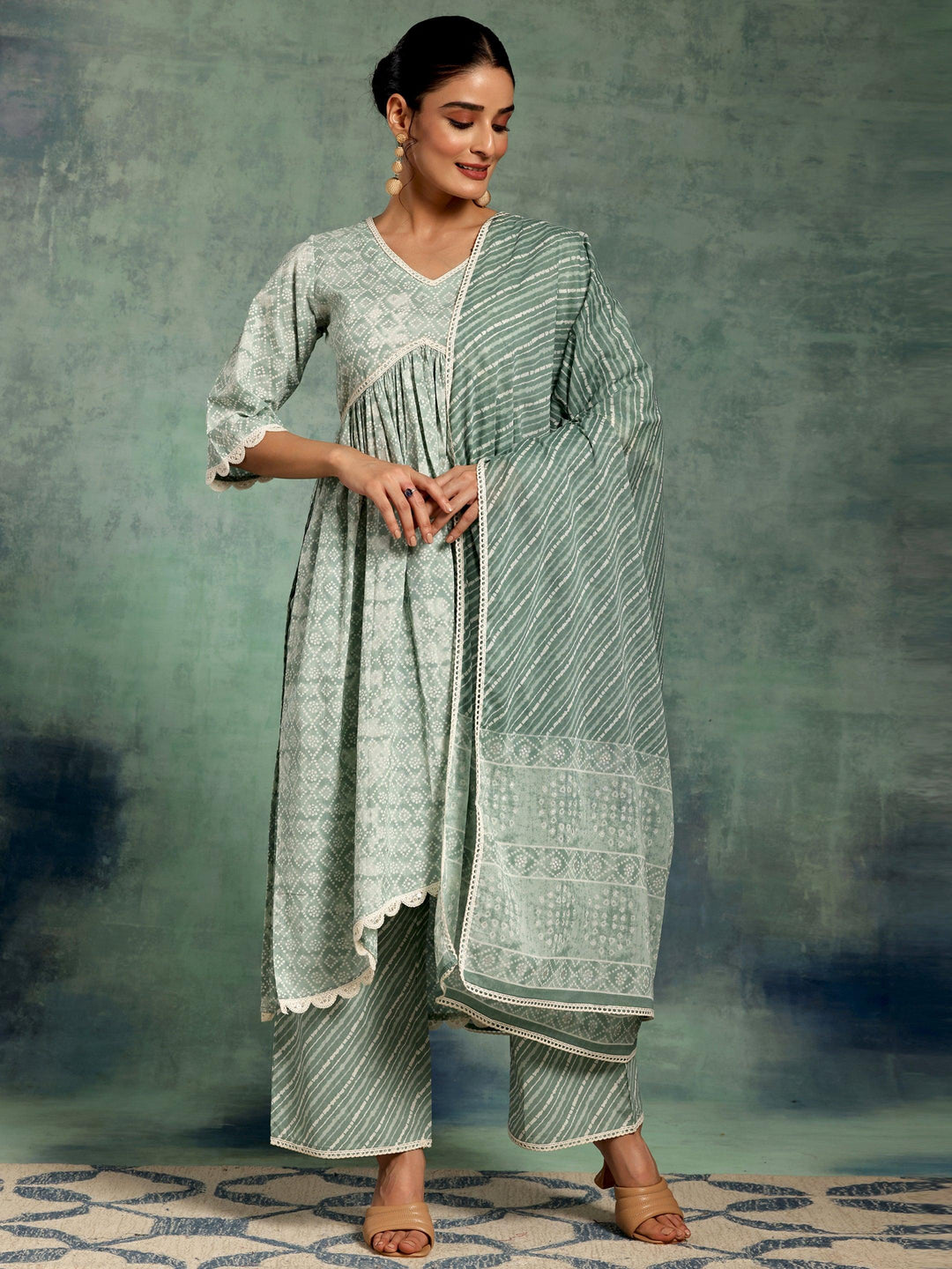 Green Printed Cotton A-Line Kurta With Palazzos & Dupatta - Libas