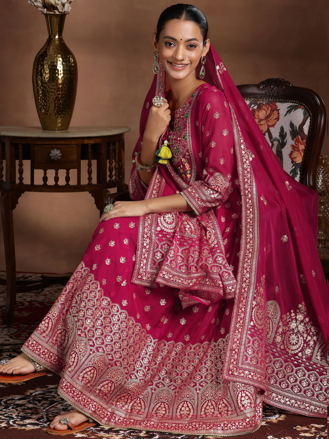  Pink Printed Organza Anarkali Suit With Dupatta 