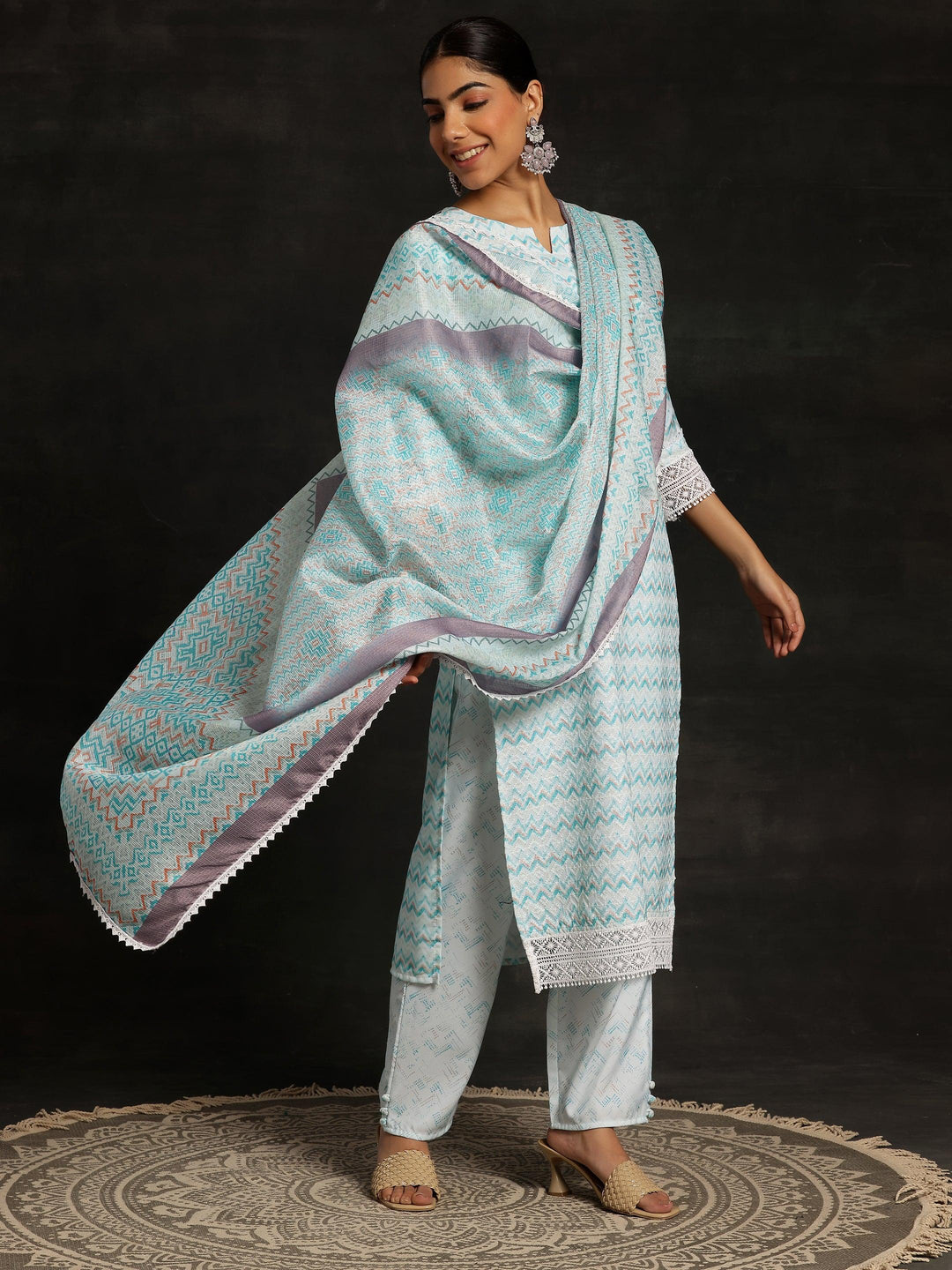 Blue Embroidered Cotton Straight Suit With Dupatta - Libas 