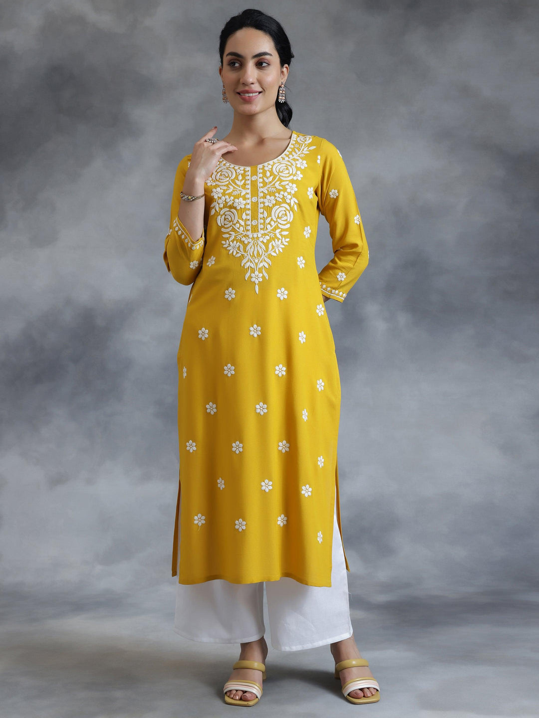 Mustard Embroidered Rayon Straight Kurta - Libas