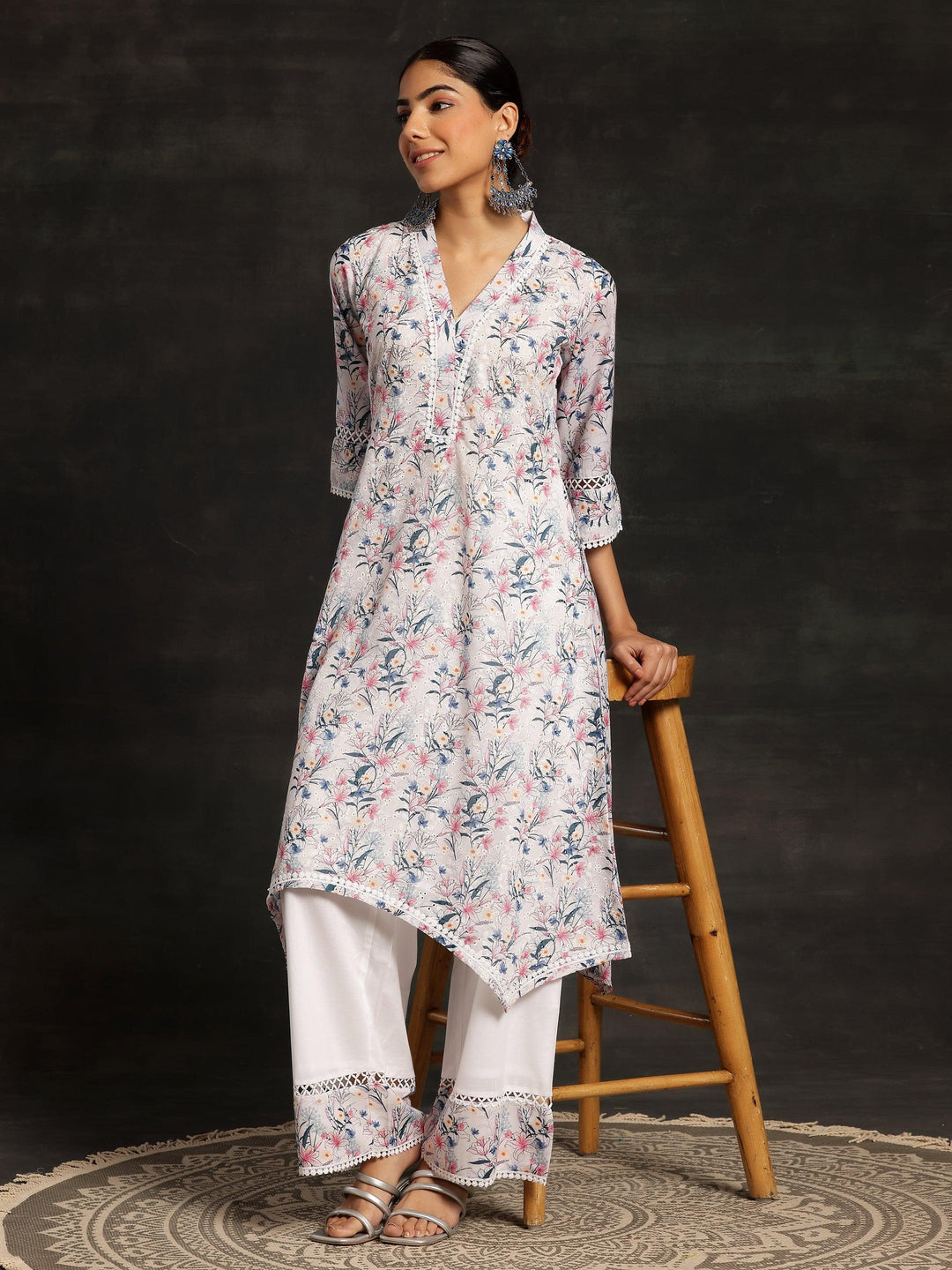 Multicoloured Printed Cotton A-Line Kurta With Palazzos - Libas 