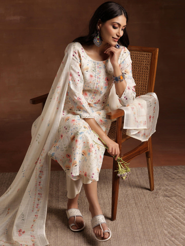 Cream Printed Cotton Straight Suit With Dupatta - Libas