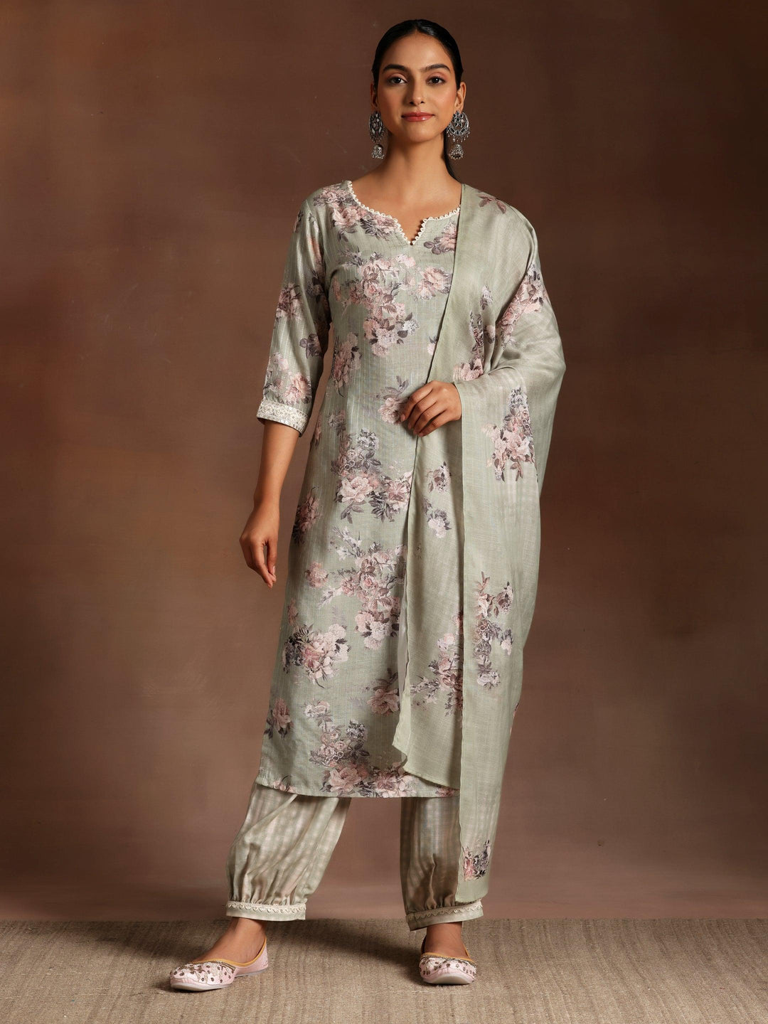 Green Printed Cotton Straight Suit With Dupatta - Libas