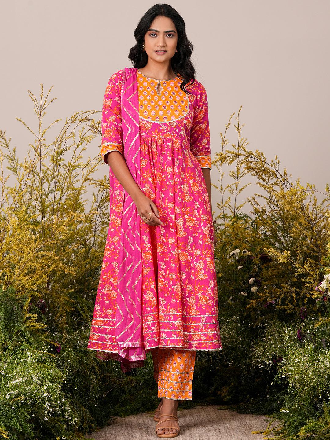 Pink Yoke Design Cotton Anarkali Suit With Dupatta - Libas 