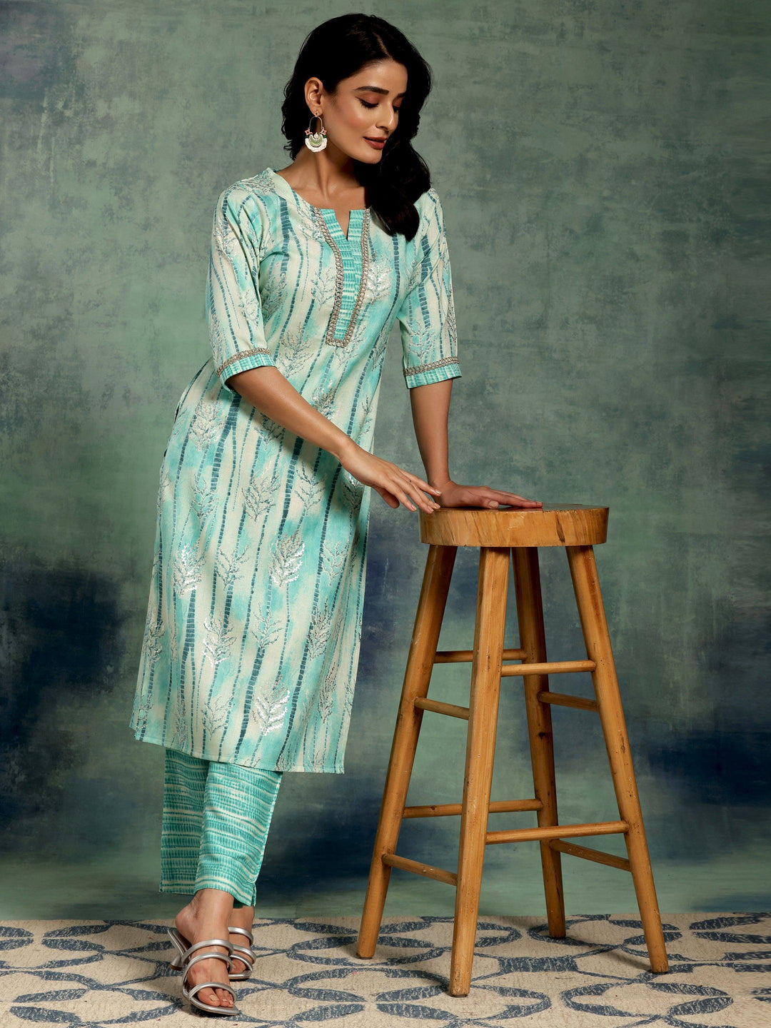 Blue Printed Rayon Straight Kurta Set - Libas