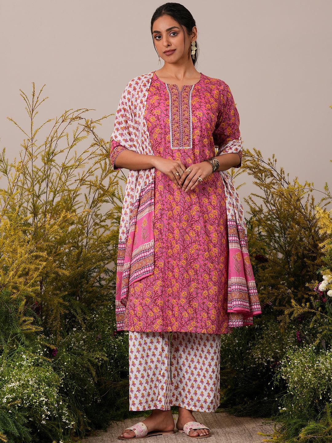 Pink Printed Cotton Straight Suit With Dupatta - Libas