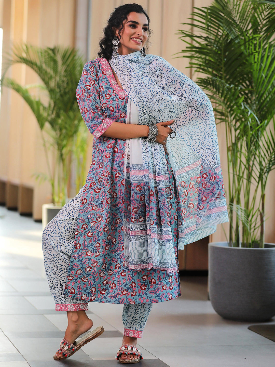 Blue Printed Cotton Straight Suit With Dupatta - Libas 