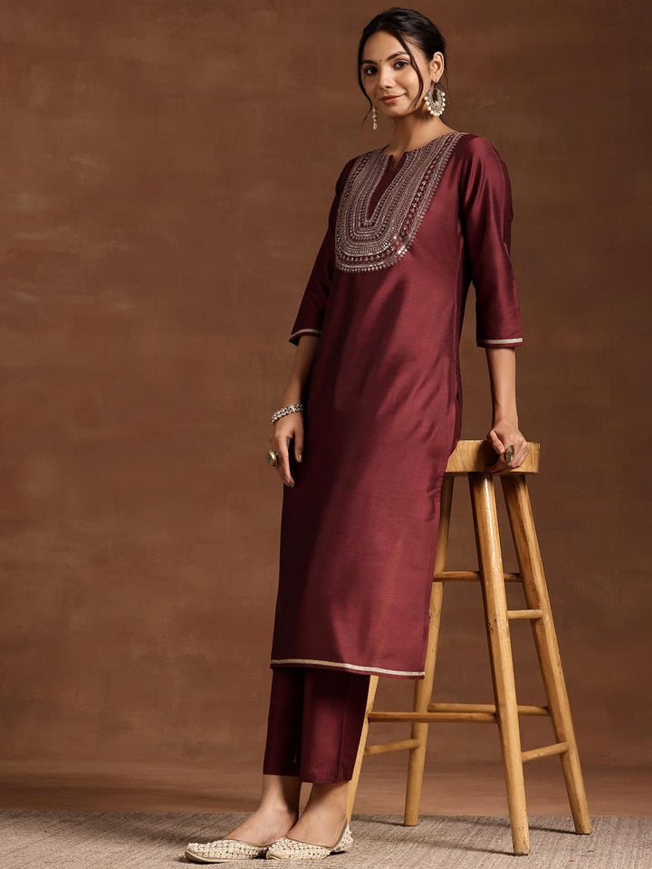 Maroon Yoke Design Silk Blend Straight Kurta Set - Libas