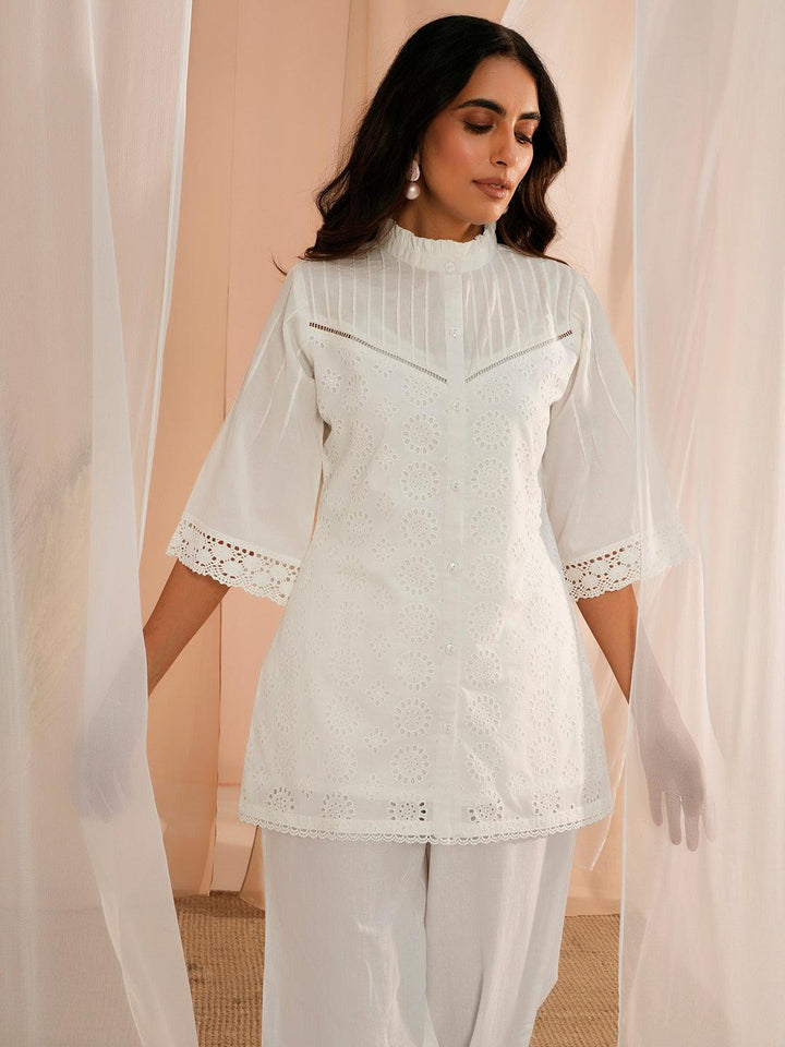 White Embroidered Cotton Straight Kurti - Libas