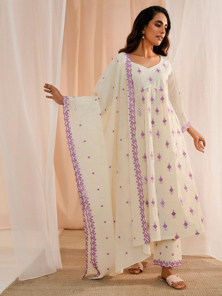 Off White Embroidered Cotton Anarkali Suit With Dupatta - Libas