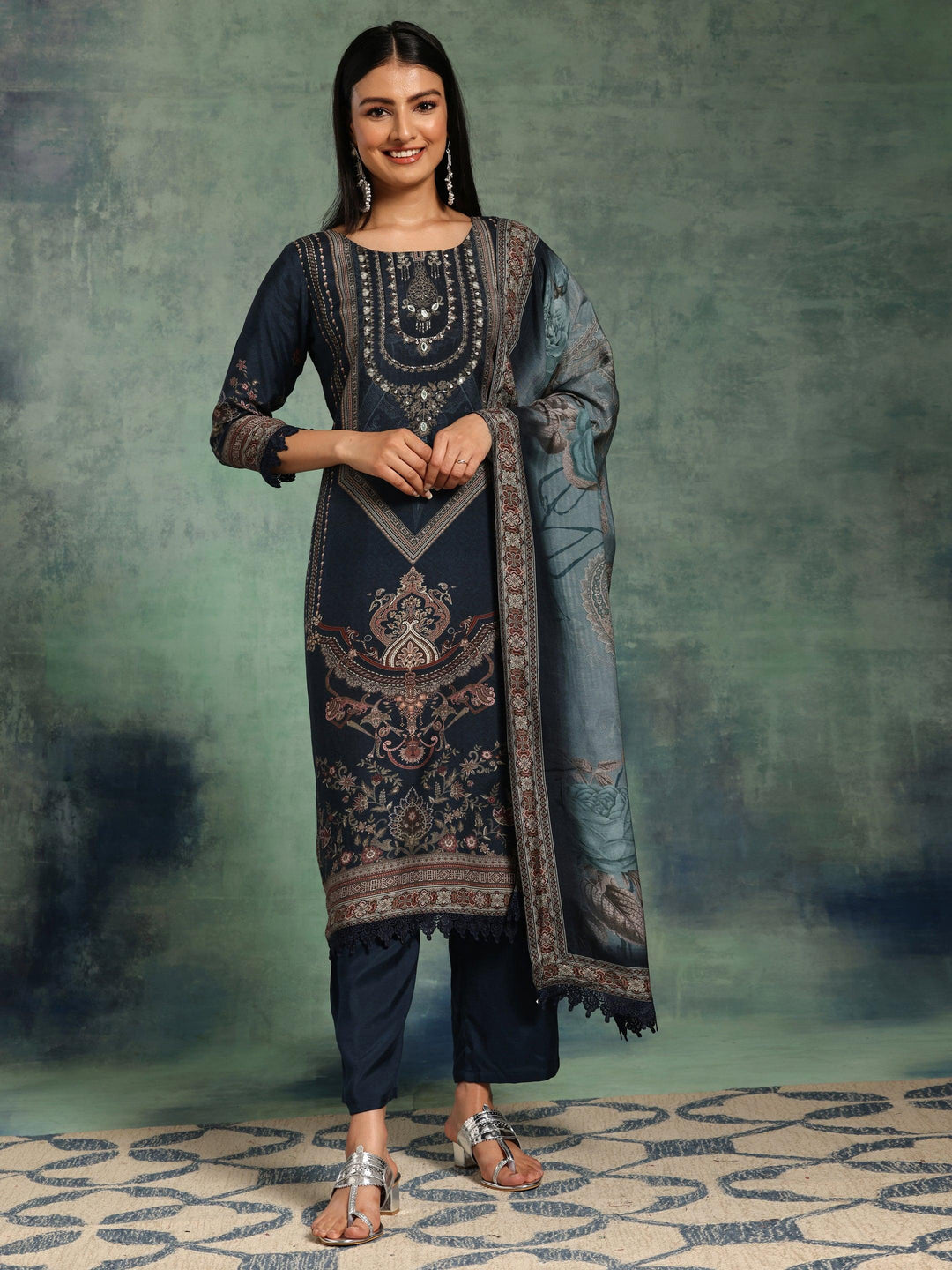 Blue Printed Silk Blend Straight Suit With Dupatta - Libas 