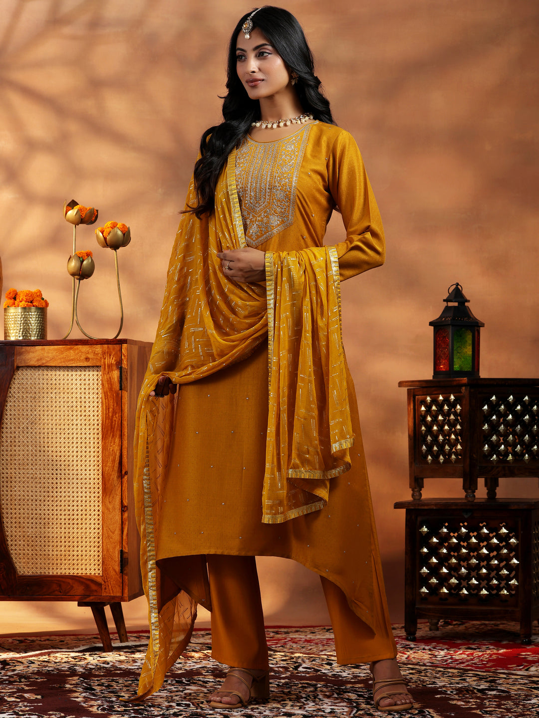  Mustard Embroidered Silk Blend Straight Suit With Dupatta 