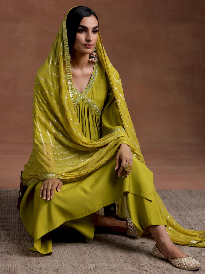 Olive Solid Silk Blend A-Line Kurta With Trousers & Dupatta - Libas