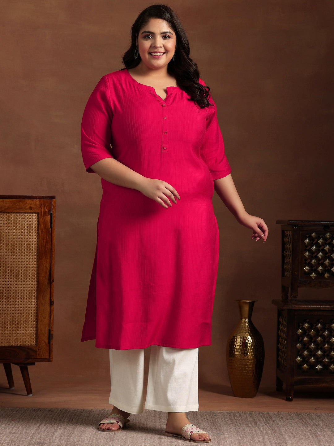 Plus Size Red Woven Design Silk Straight Kurta - Libas