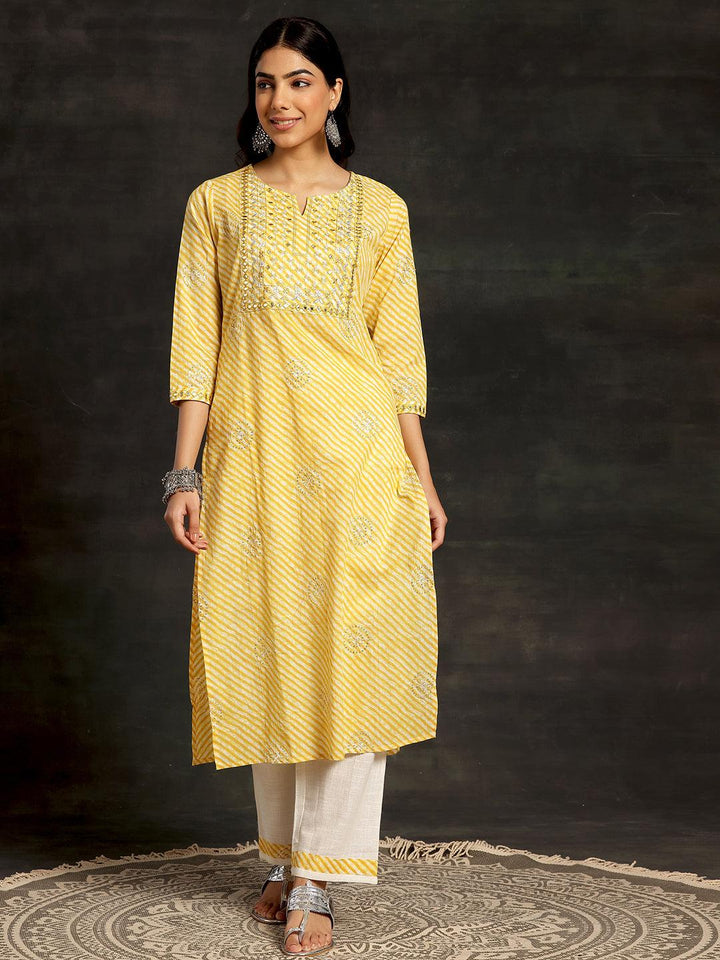 Yellow Printed Cotton Straight Kurta Set - Libas