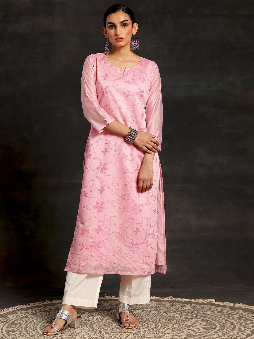 Pink Embroidered Silk Straight Kurta - Libas 