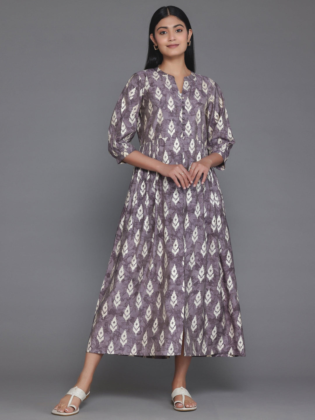 Mauve Printed Silk Fit and Flare Dress - Libas