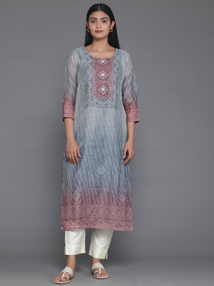 Grey Embellished Chanderi Silk Straight Kurta - Libas