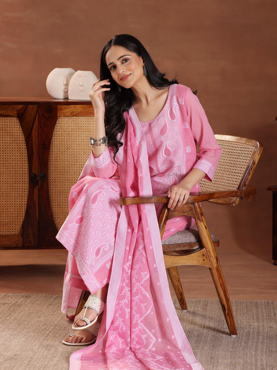 Pink Woven Design Cotton Straight Suit With Dupatta - Libas 