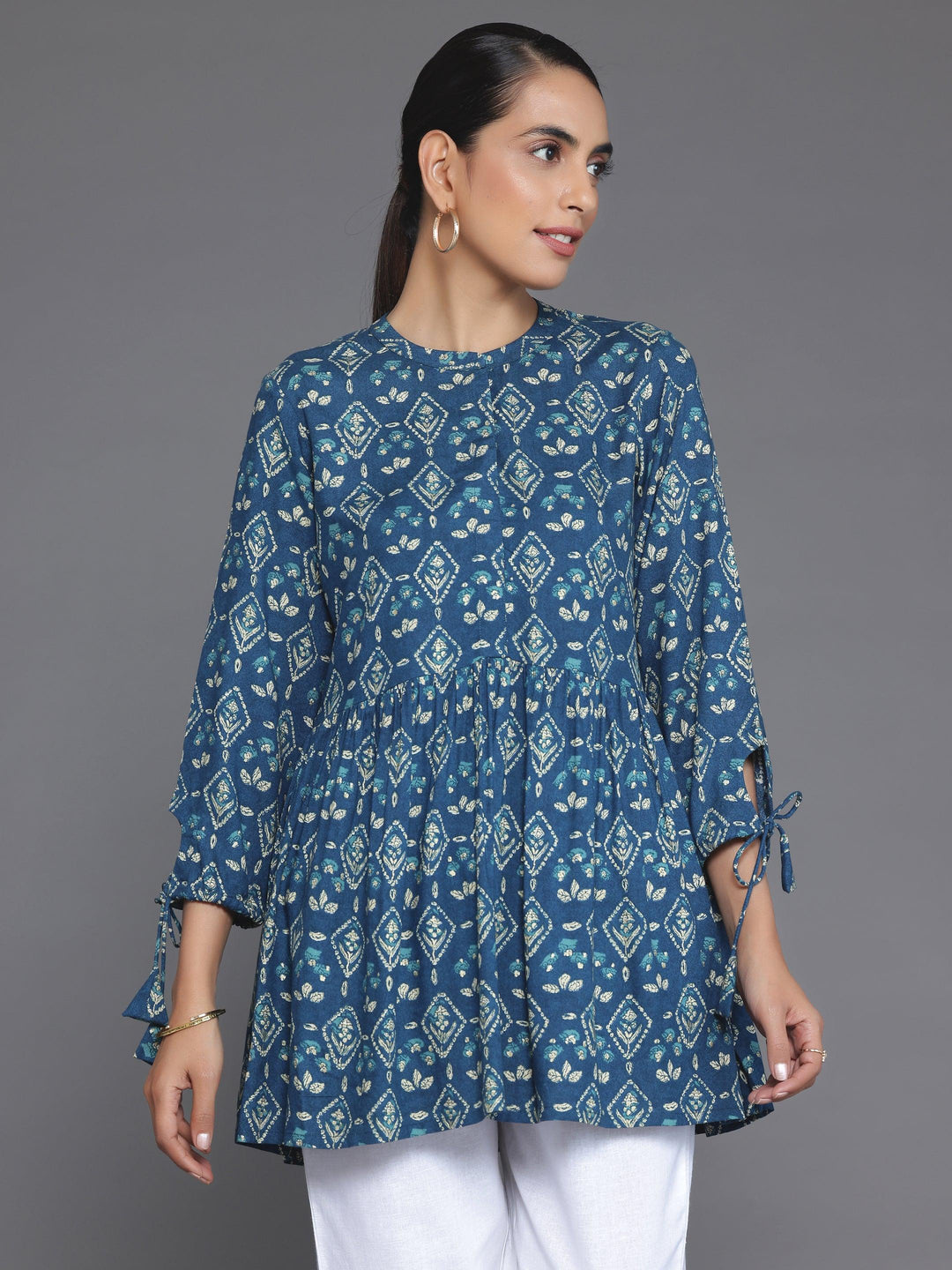 Blue Printed Rayon A-Line Kurti - Libas 