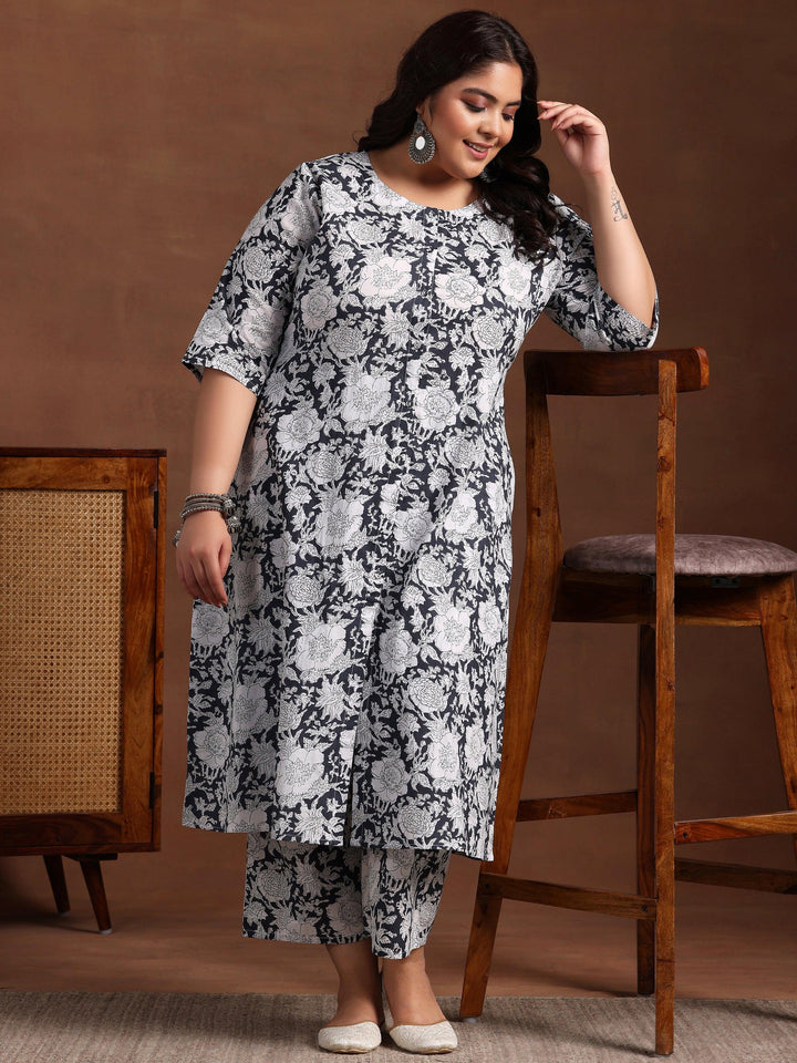 Plus Size Grey Printed Cotton Co-Ords - Libas