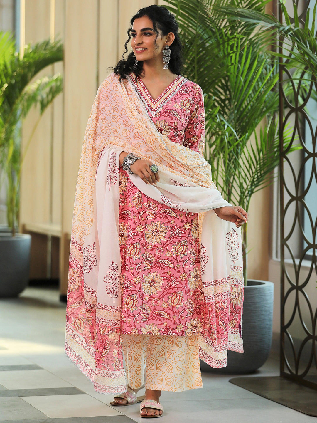 Pink Printed Cotton Straight Suit With Dupatta - Libas 