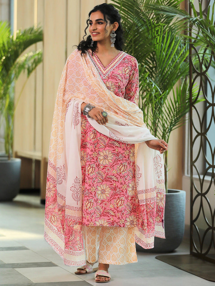 Pink Printed Cotton Straight Suit With Dupatta - Libas